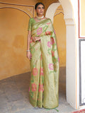 Janasya Light Green Chanderi Silk Ethnic Motifs Woven Design Saree