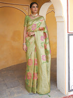 Janasya Light Green Chanderi Silk Ethnic Motifs Woven Design Saree