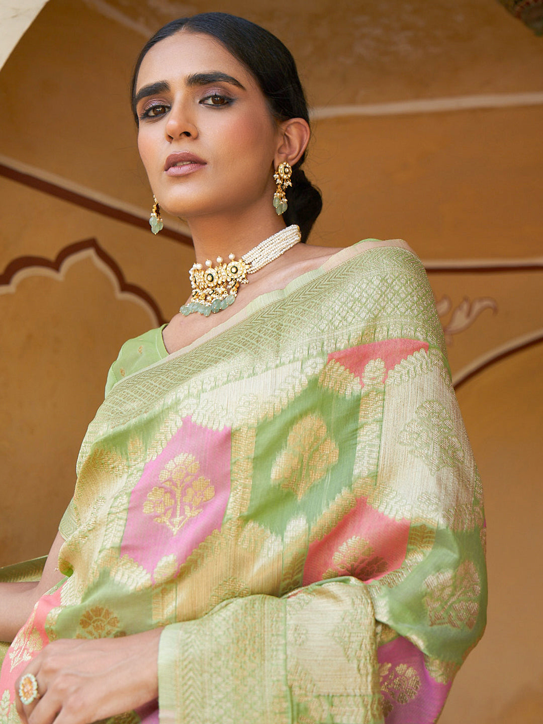 Janasya Light Green Chanderi Silk Ethnic Motifs Woven Design Saree