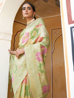 Janasya Light Green Chanderi Silk Ethnic Motifs Woven Design Saree