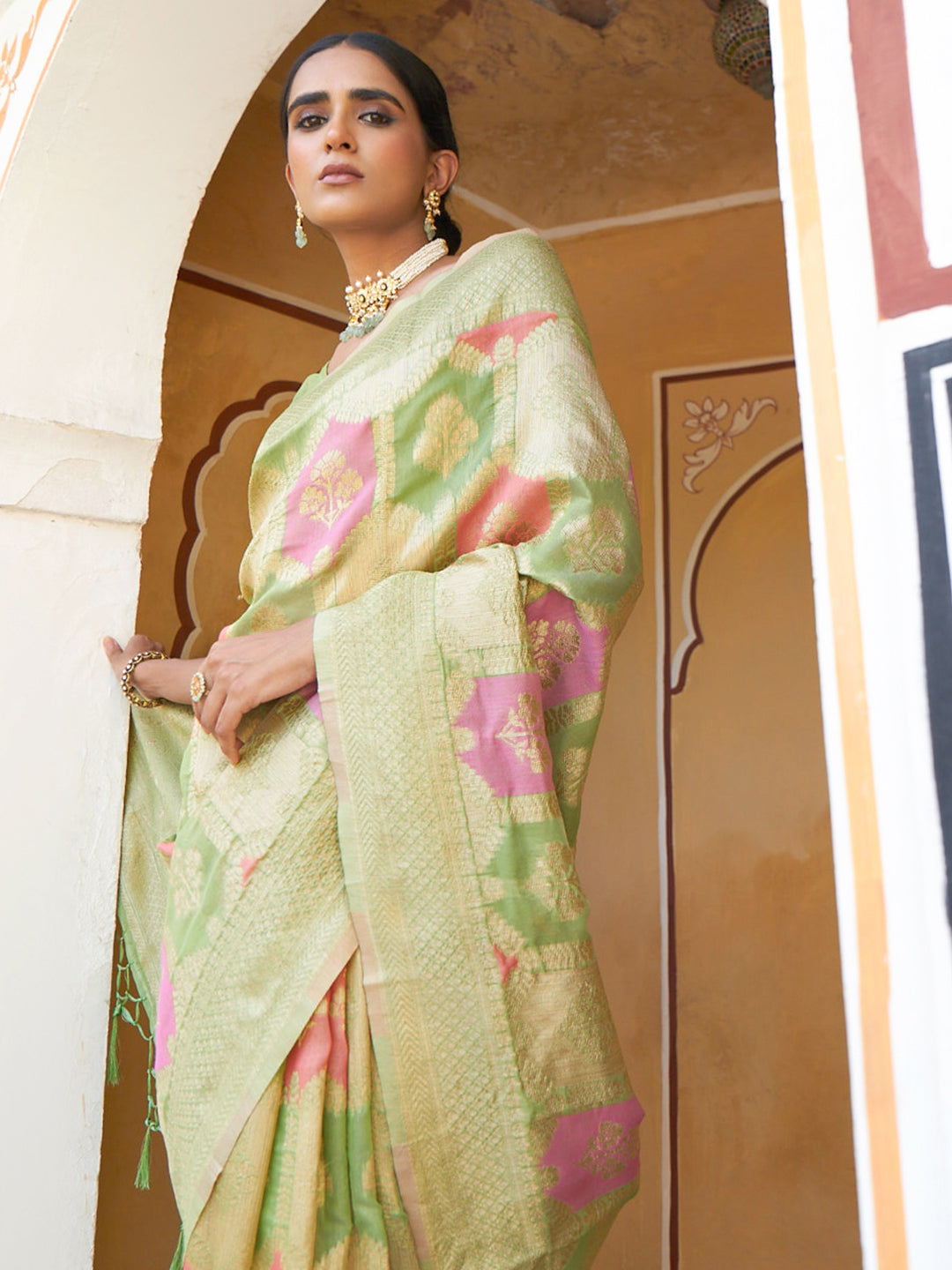 Janasya Light Green Chanderi Silk Ethnic Motifs Woven Design Saree