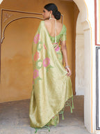 Janasya Light Green Chanderi Silk Ethnic Motifs Woven Design Saree