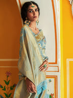 Janasya Grey Banarasi Silk Woven Floral Design Banarasi Saree