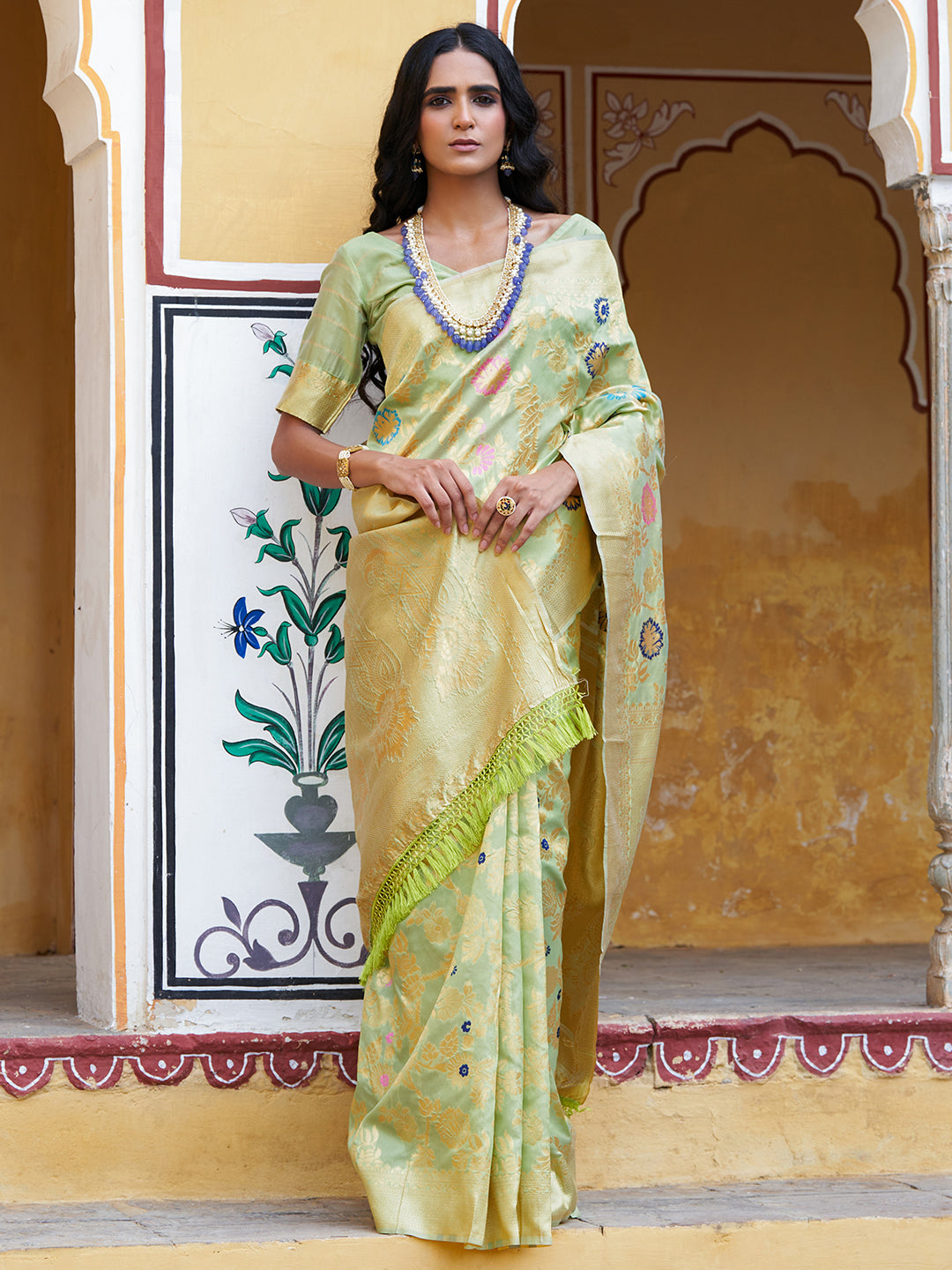 Janasya Light Green Banarasi Silk Woven Floral Design Banarasi Saree