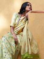 Janasya Light Green Banarasi Silk Woven Floral Design Banarasi Saree