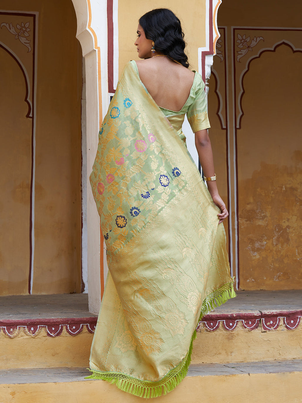 Janasya Light Green Banarasi Silk Woven Floral Design Banarasi Saree