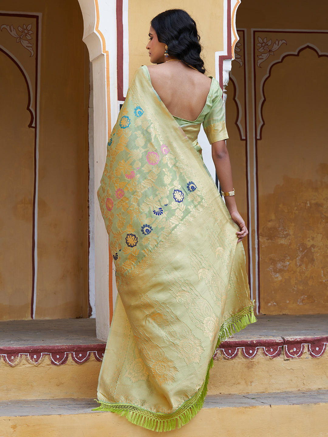 Janasya Light Green Banarasi Silk Woven Floral Design Banarasi Saree