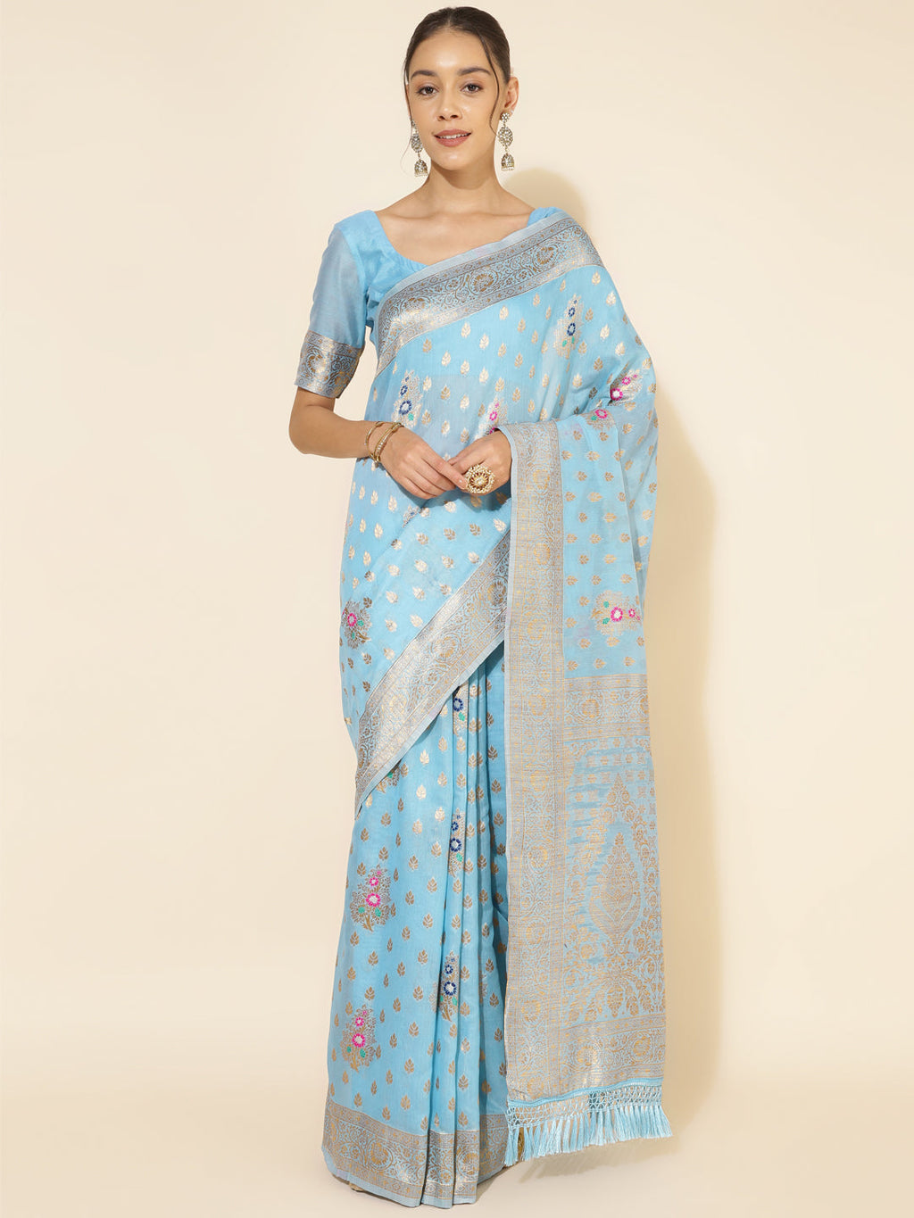 Janasya Sky Blue Chanderi Silk Ethnic Motifs Woven Design Saree