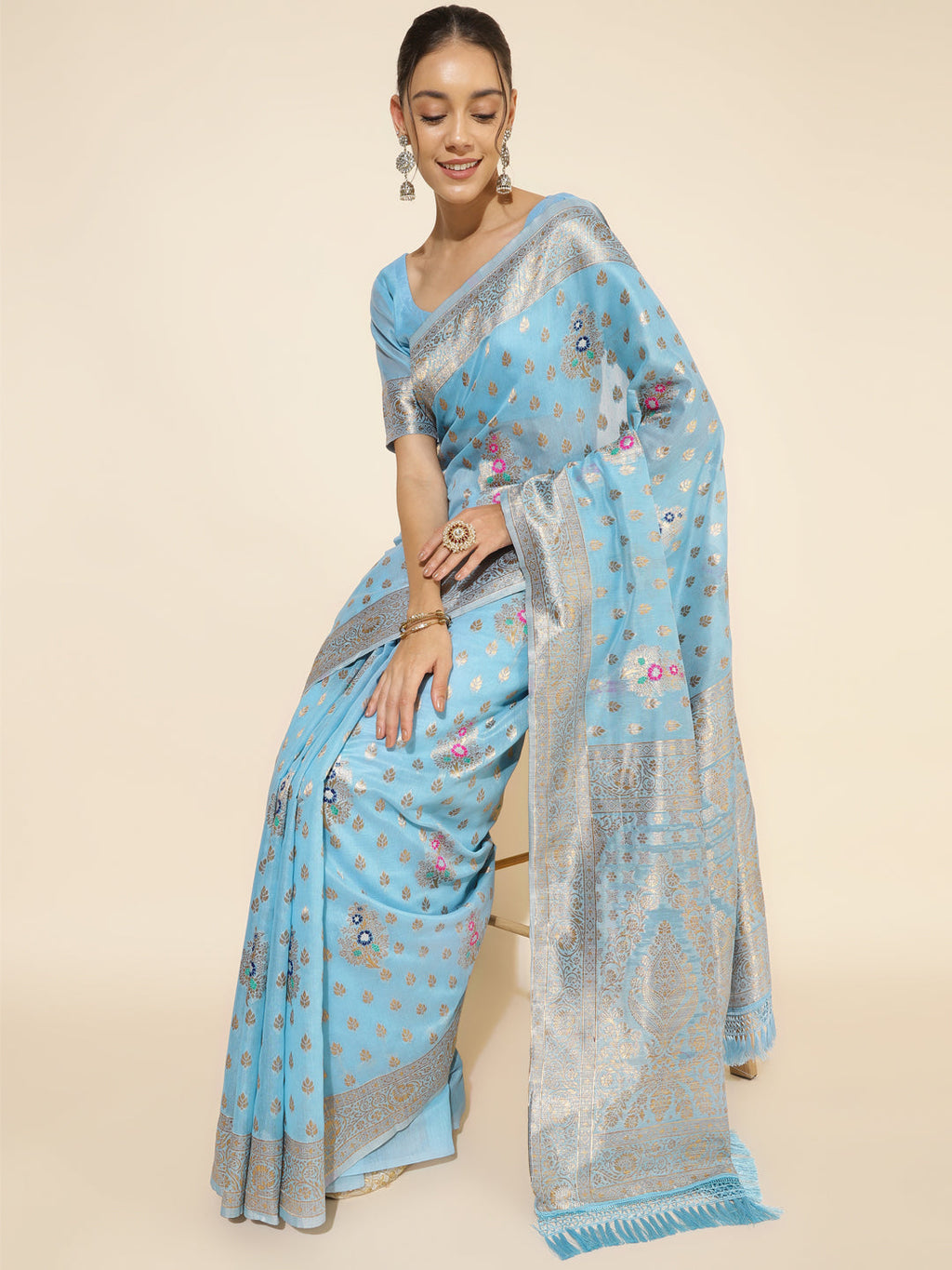 Janasya Sky Blue Chanderi Silk Ethnic Motifs Woven Design Saree