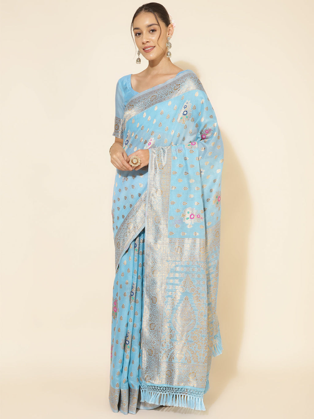 Janasya Sky Blue Chanderi Silk Ethnic Motifs Woven Design Saree
