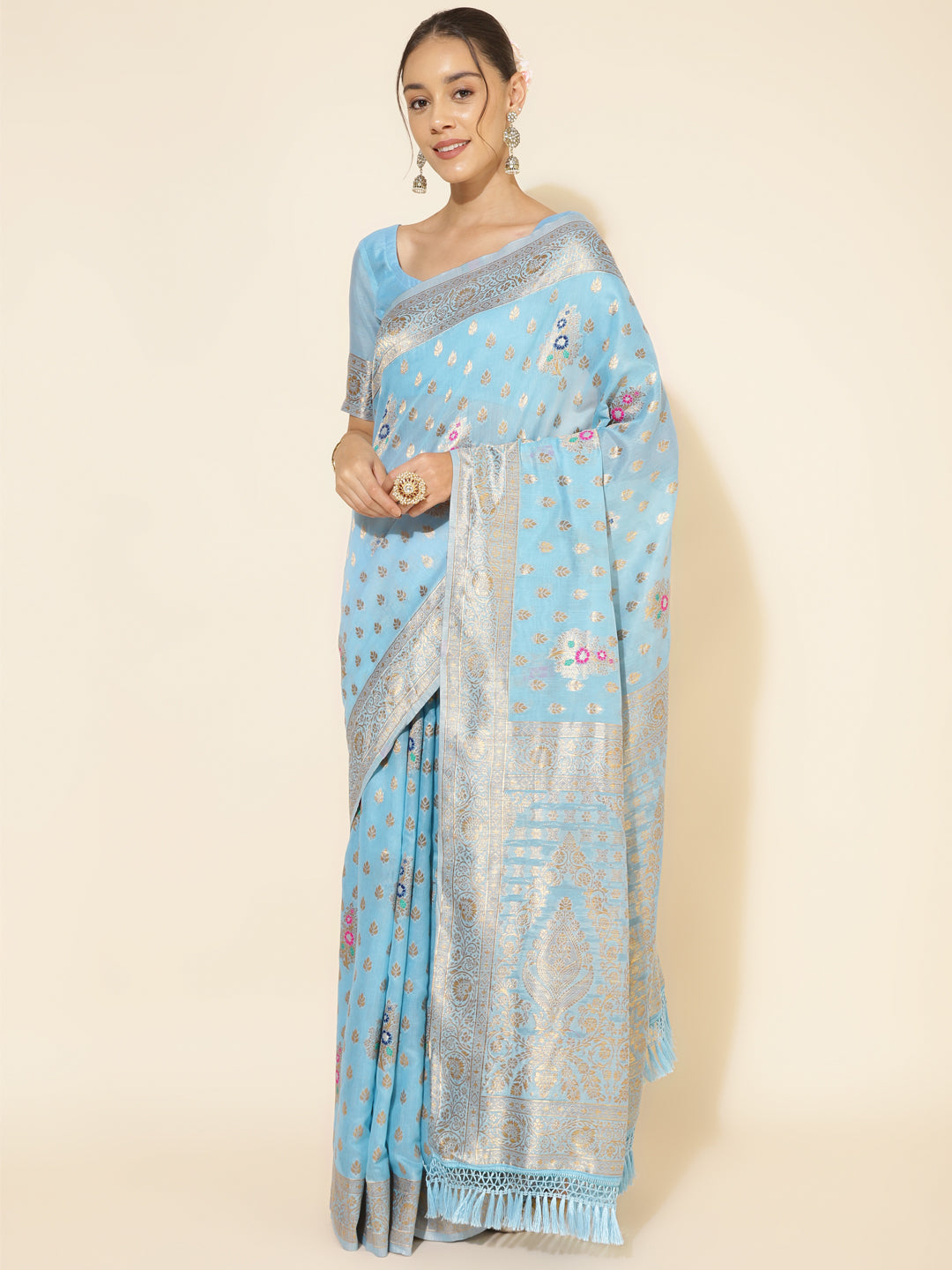 Janasya Sky Blue Chanderi Silk Ethnic Motifs Woven Design Saree