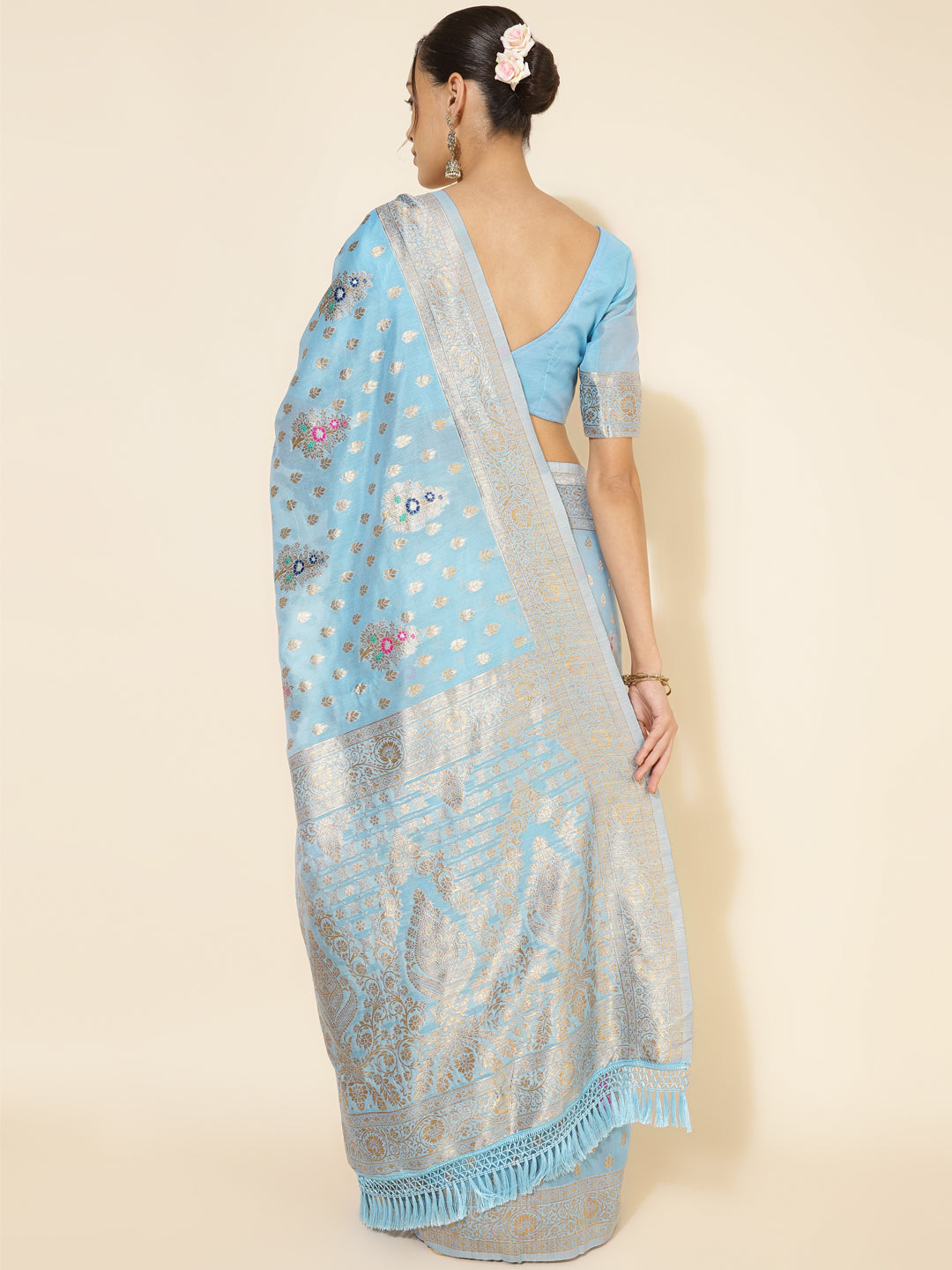 Janasya Sky Blue Chanderi Silk Ethnic Motifs Woven Design Saree