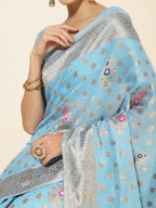 Janasya Sky Blue Chanderi Silk Ethnic Motifs Woven Design Saree