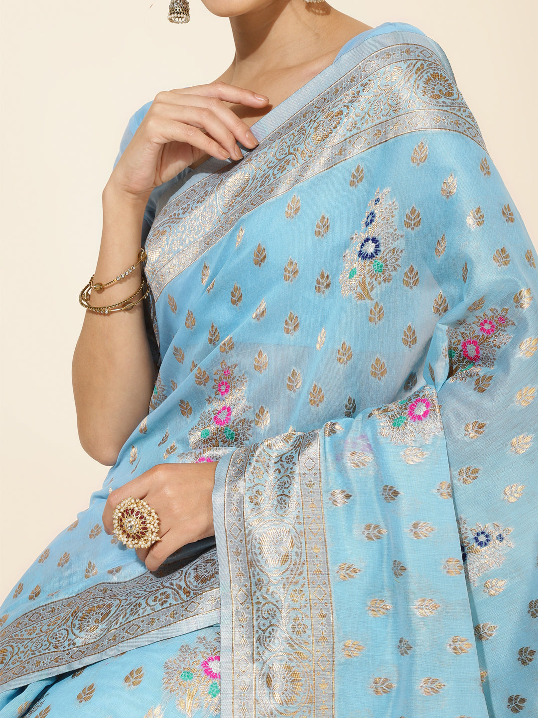 Janasya Sky Blue Chanderi Silk Ethnic Motifs Woven Design Saree