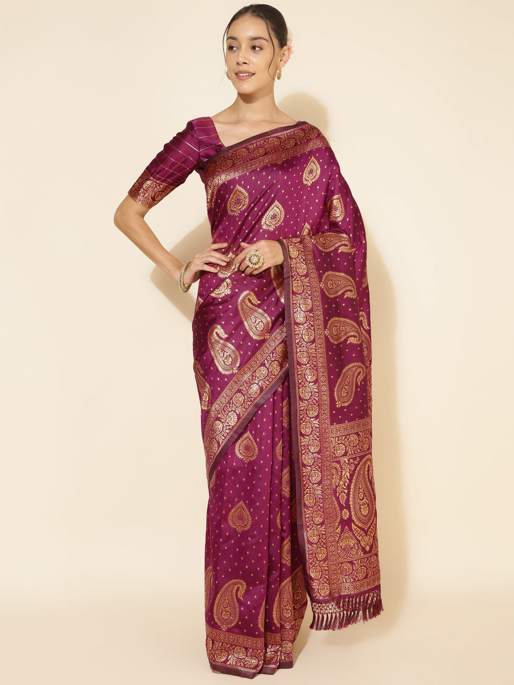 Janasya Wine Banarasi Silk Woven Ethnic Motifs Banarasi Silk Saree