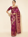 Janasya Wine Banarasi Silk Woven Ethnic Motifs Banarasi Silk Saree