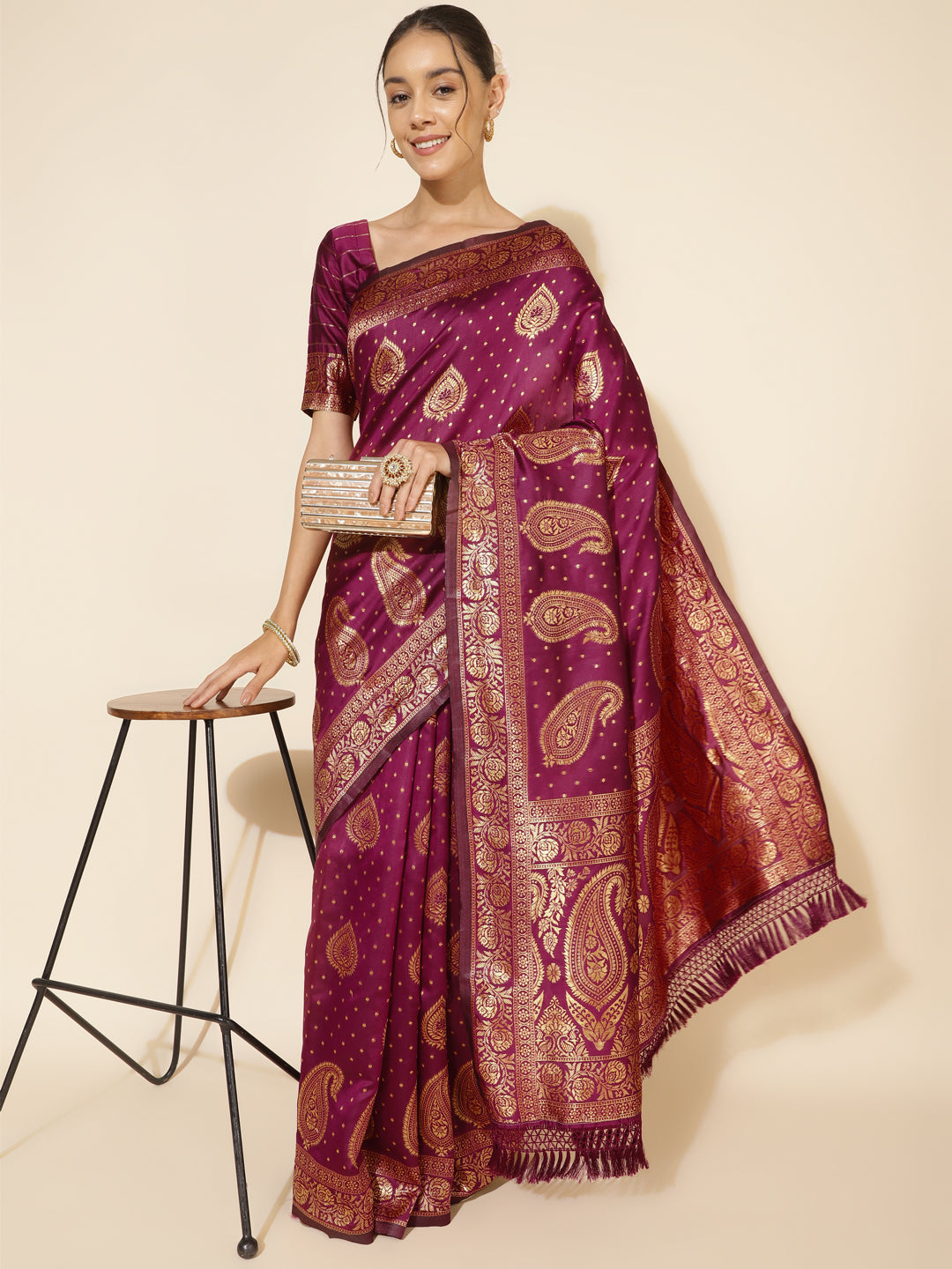 Janasya Wine Banarasi Silk Woven Ethnic Motifs Banarasi Silk Saree