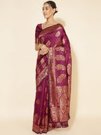 Janasya Wine Banarasi Silk Woven Ethnic Motifs Banarasi Silk Saree