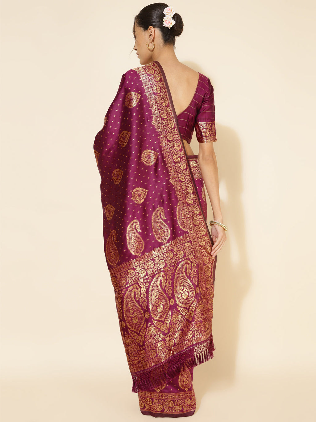 Janasya Wine Banarasi Silk Woven Ethnic Motifs Banarasi Silk Saree