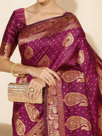Janasya Wine Banarasi Silk Woven Ethnic Motifs Banarasi Silk Saree