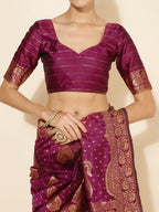 Janasya Wine Banarasi Silk Woven Ethnic Motifs Banarasi Silk Saree