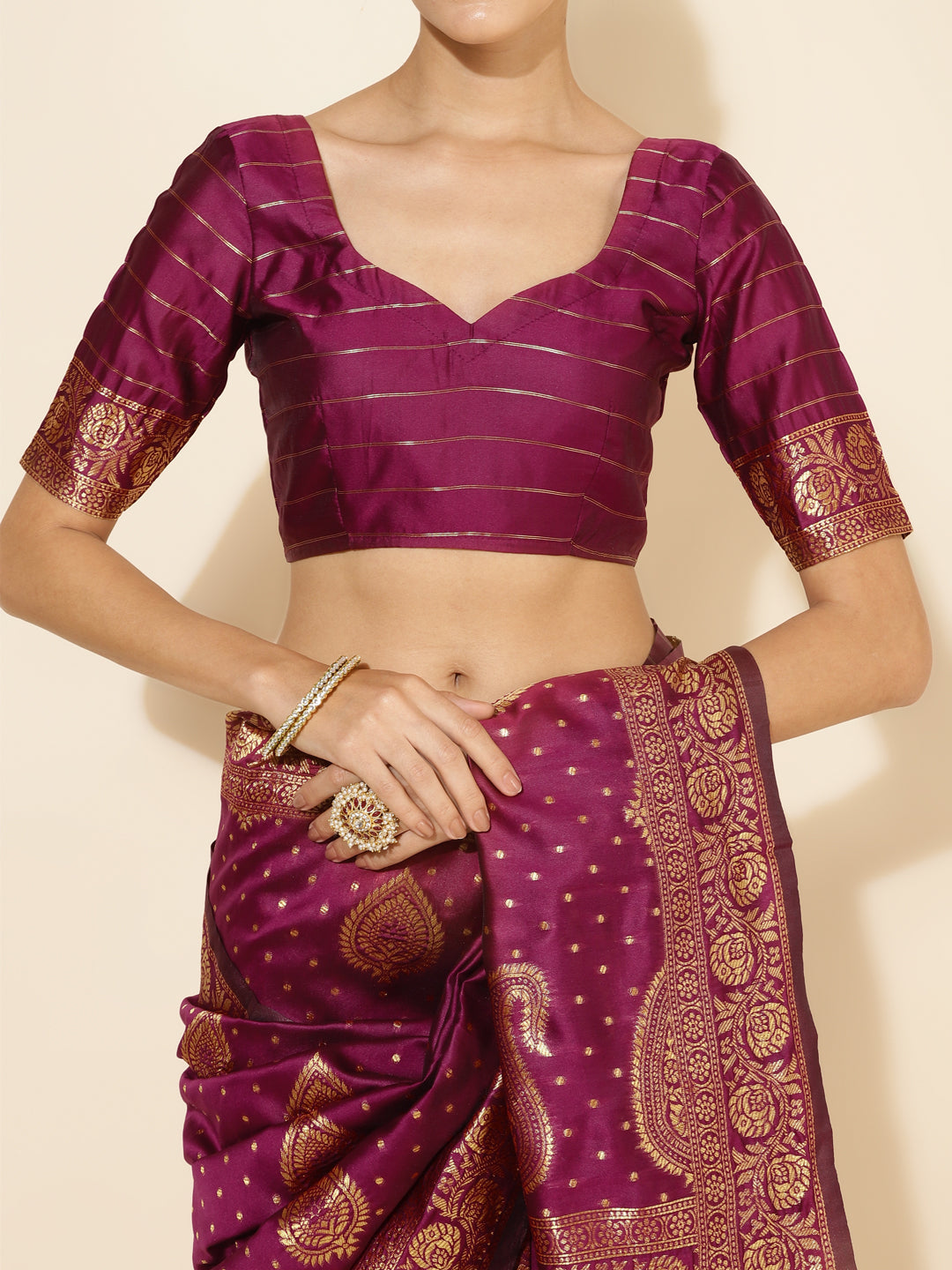 Janasya Wine Banarasi Silk Woven Ethnic Motifs Banarasi Silk Saree