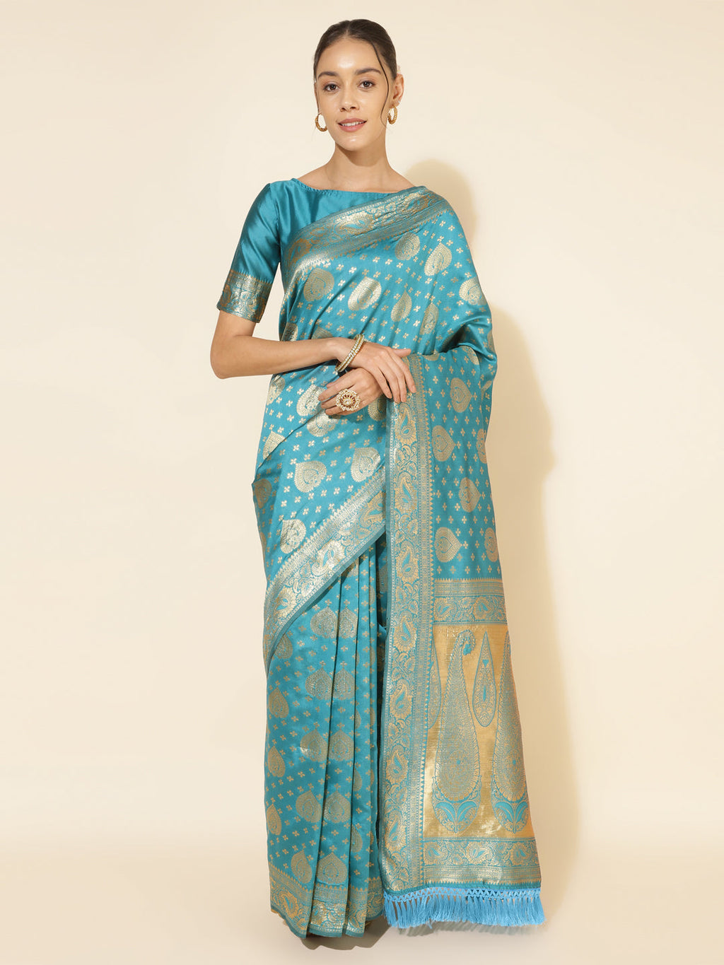 Janasya Turquoise Blue Banarasi Silk Woven Ethnic Motifs Banarasi Silk Saree - Distacart