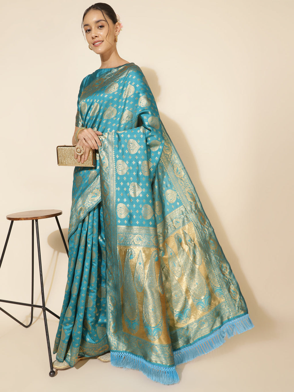 Janasya Turquoise Blue Banarasi Silk Woven Ethnic Motifs Banarasi Silk Saree - Distacart