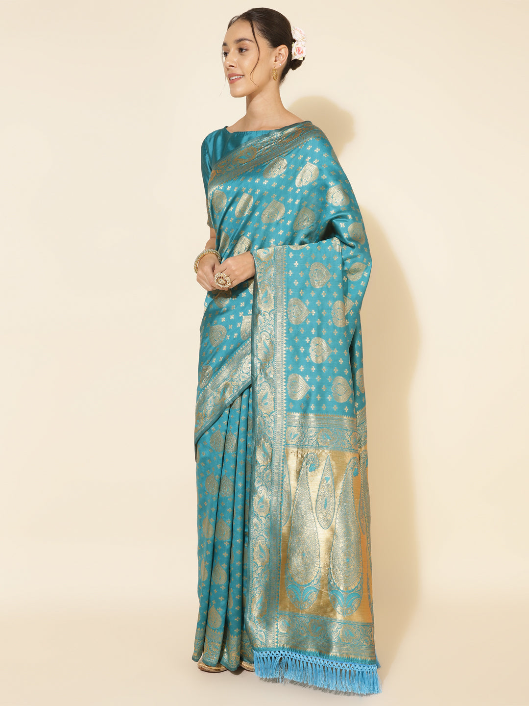 Janasya Turquoise Blue Banarasi Silk Woven Ethnic Motifs Banarasi Silk Saree - Distacart