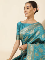 Janasya Turquoise Blue Banarasi Silk Woven Ethnic Motifs Banarasi Silk Saree - Distacart