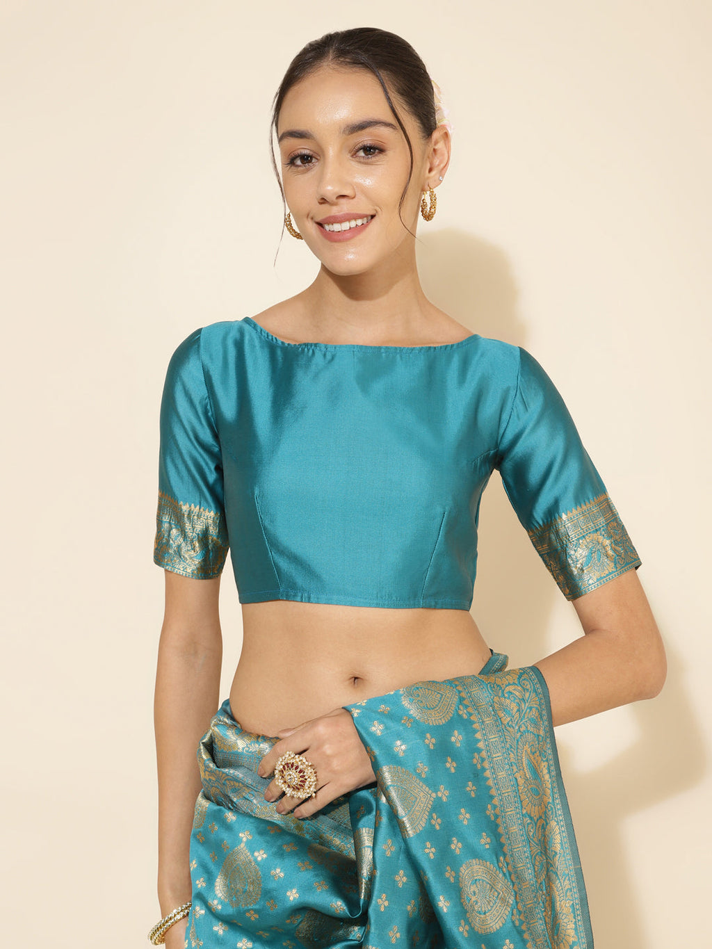 Janasya Turquoise Blue Banarasi Silk Woven Ethnic Motifs Banarasi Silk Saree - Distacart