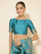 Janasya Turquoise Blue Banarasi Silk Woven Ethnic Motifs Banarasi Silk Saree - Distacart