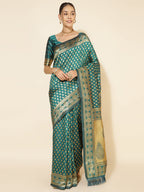 Janasya Peacock Green Silk Woven Ethnic Motifs Banarasi Silk Saree - Distacart