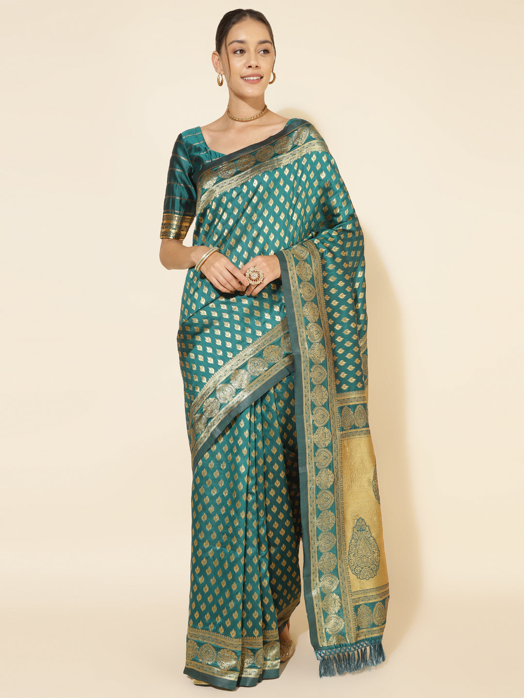 Janasya Peacock Green Silk Woven Ethnic Motifs Banarasi Silk Saree - Distacart