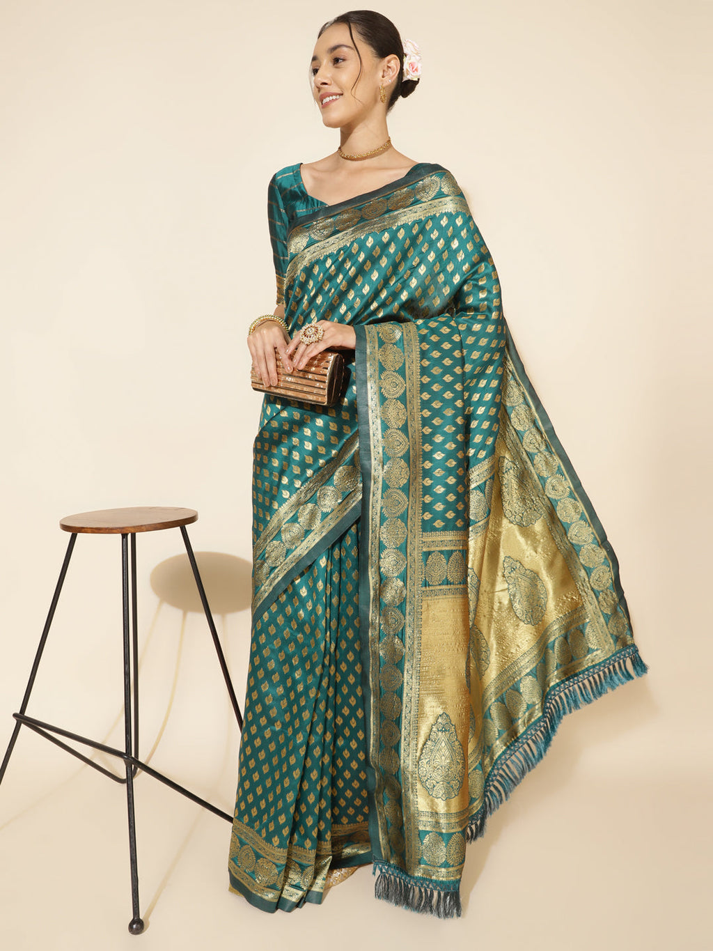 Janasya Peacock Green Silk Woven Ethnic Motifs Banarasi Silk Saree - Distacart