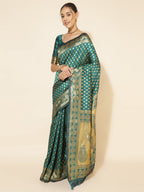 Janasya Peacock Green Silk Woven Ethnic Motifs Banarasi Silk Saree - Distacart
