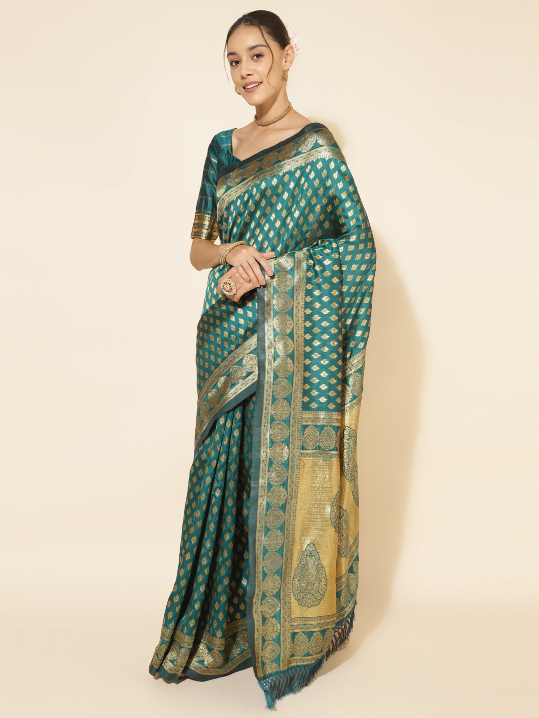 Janasya Peacock Green Silk Woven Ethnic Motifs Banarasi Silk Saree - Distacart
