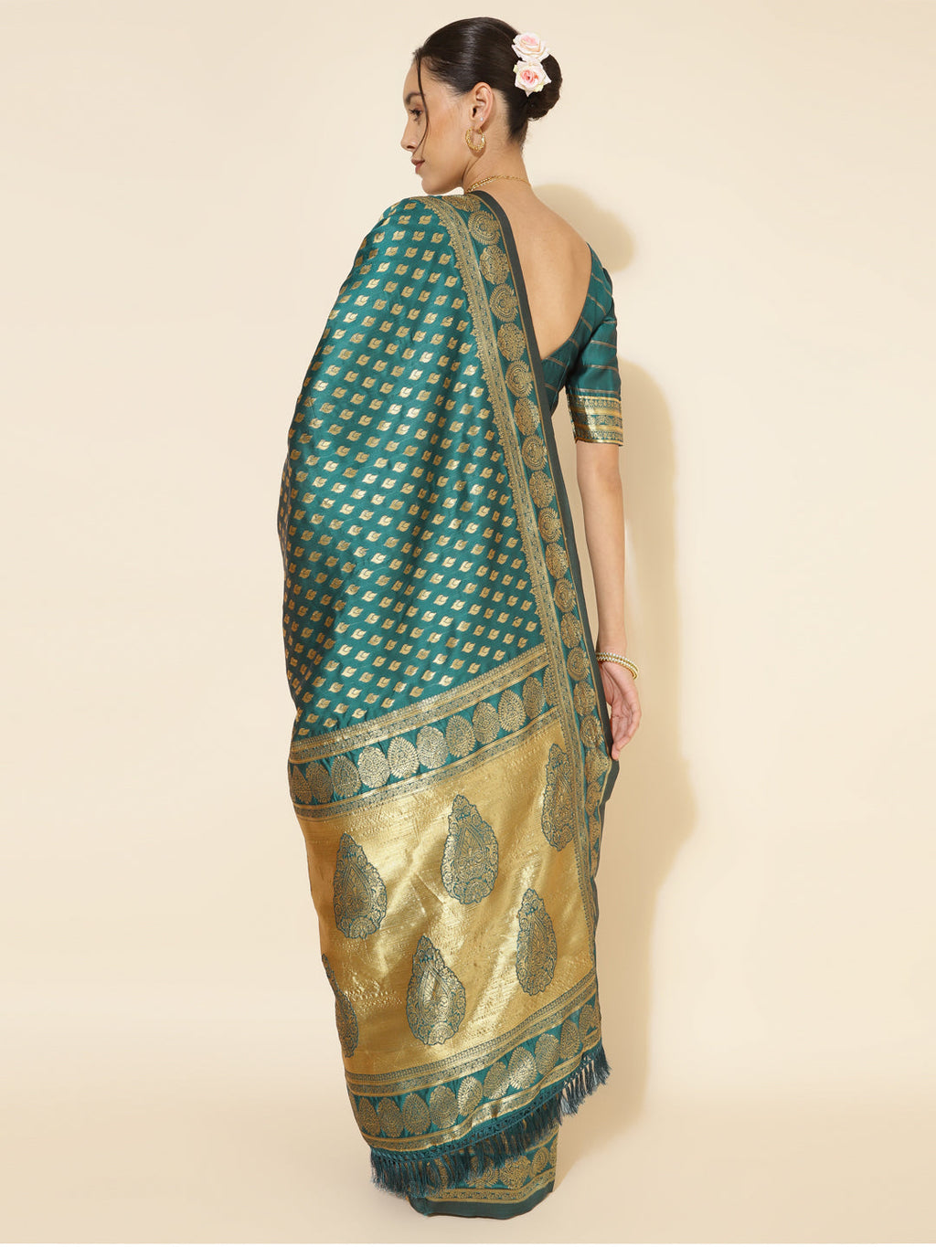 Janasya Peacock Green Silk Woven Ethnic Motifs Banarasi Silk Saree - Distacart