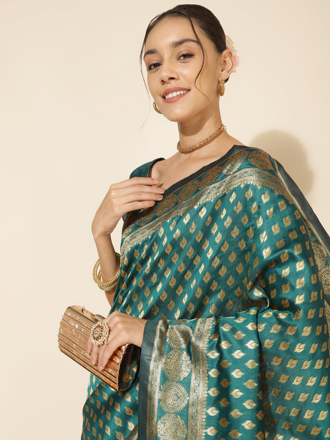 Janasya Peacock Green Silk Woven Ethnic Motifs Banarasi Silk Saree - Distacart