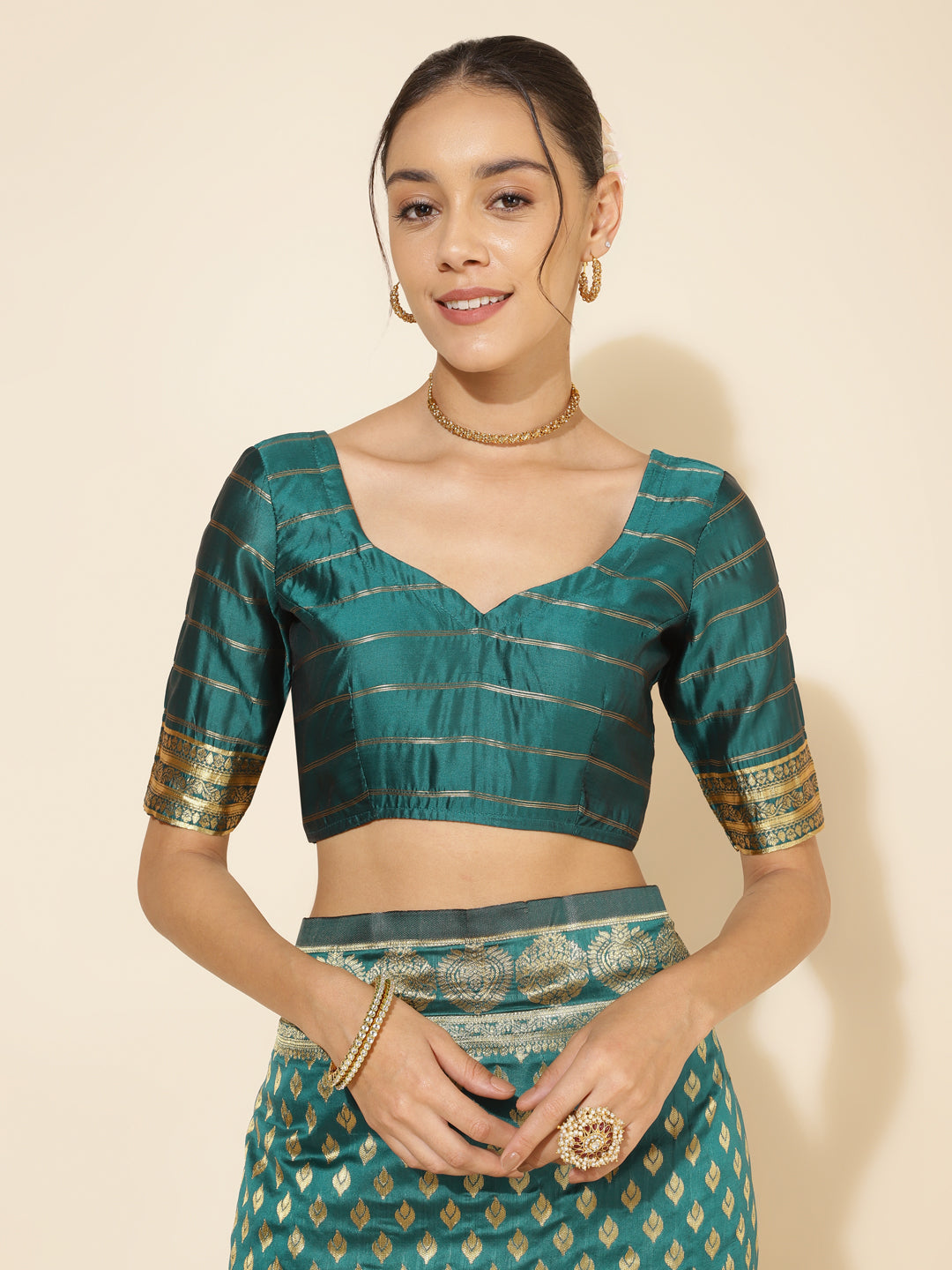 Janasya Peacock Green Silk Woven Ethnic Motifs Banarasi Silk Saree - Distacart