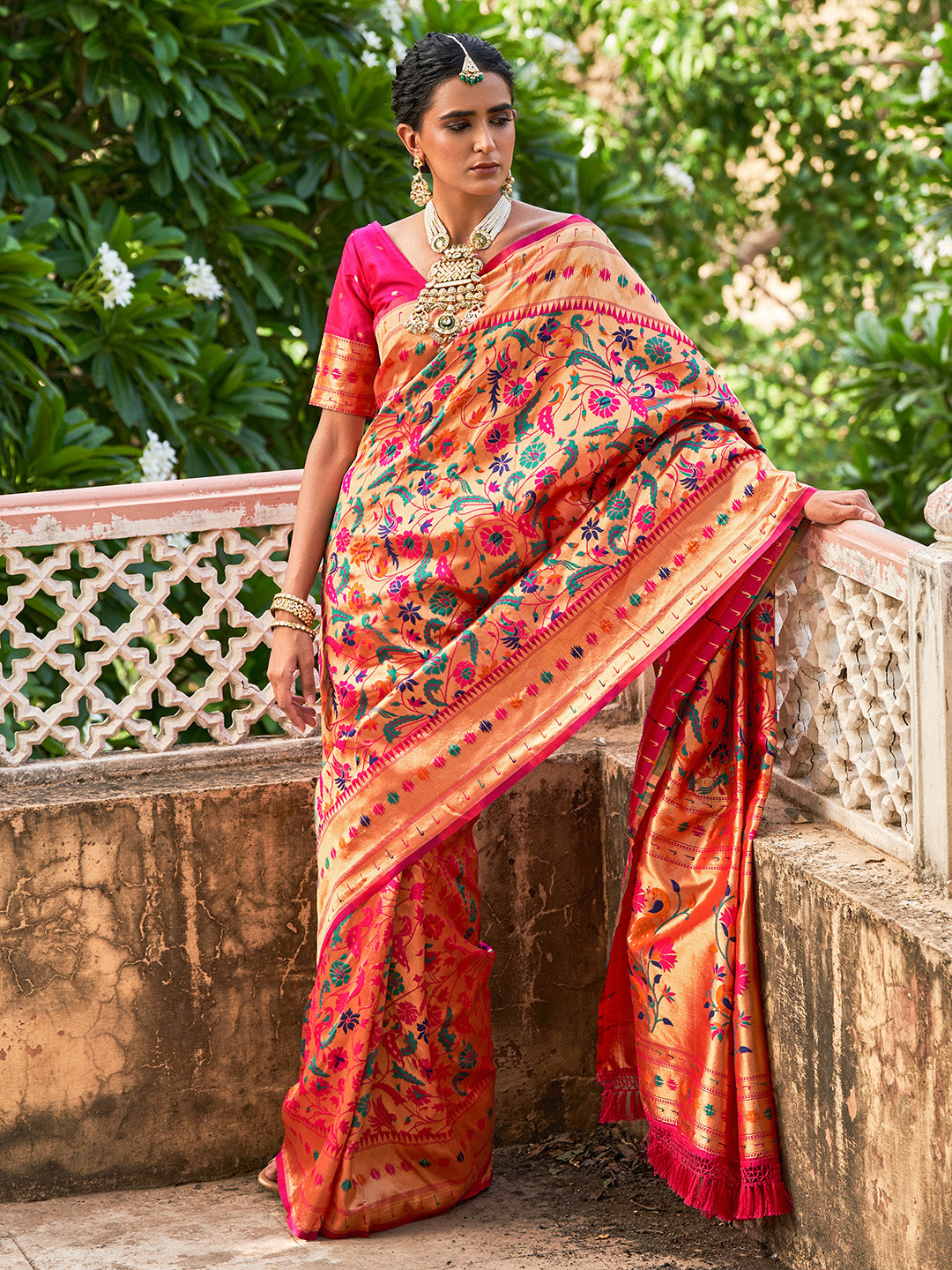Janasya Pink Paithani Silk Woven Bagh Design Paithani Silk Saree