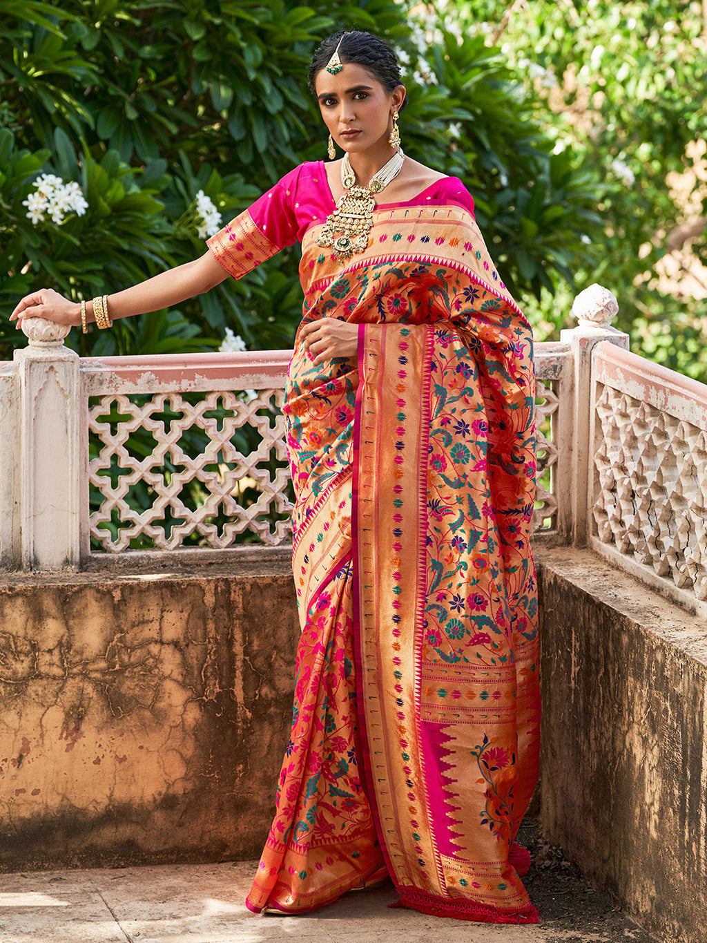 Janasya Pink Paithani Silk Woven Bagh Design Paithani Silk Saree