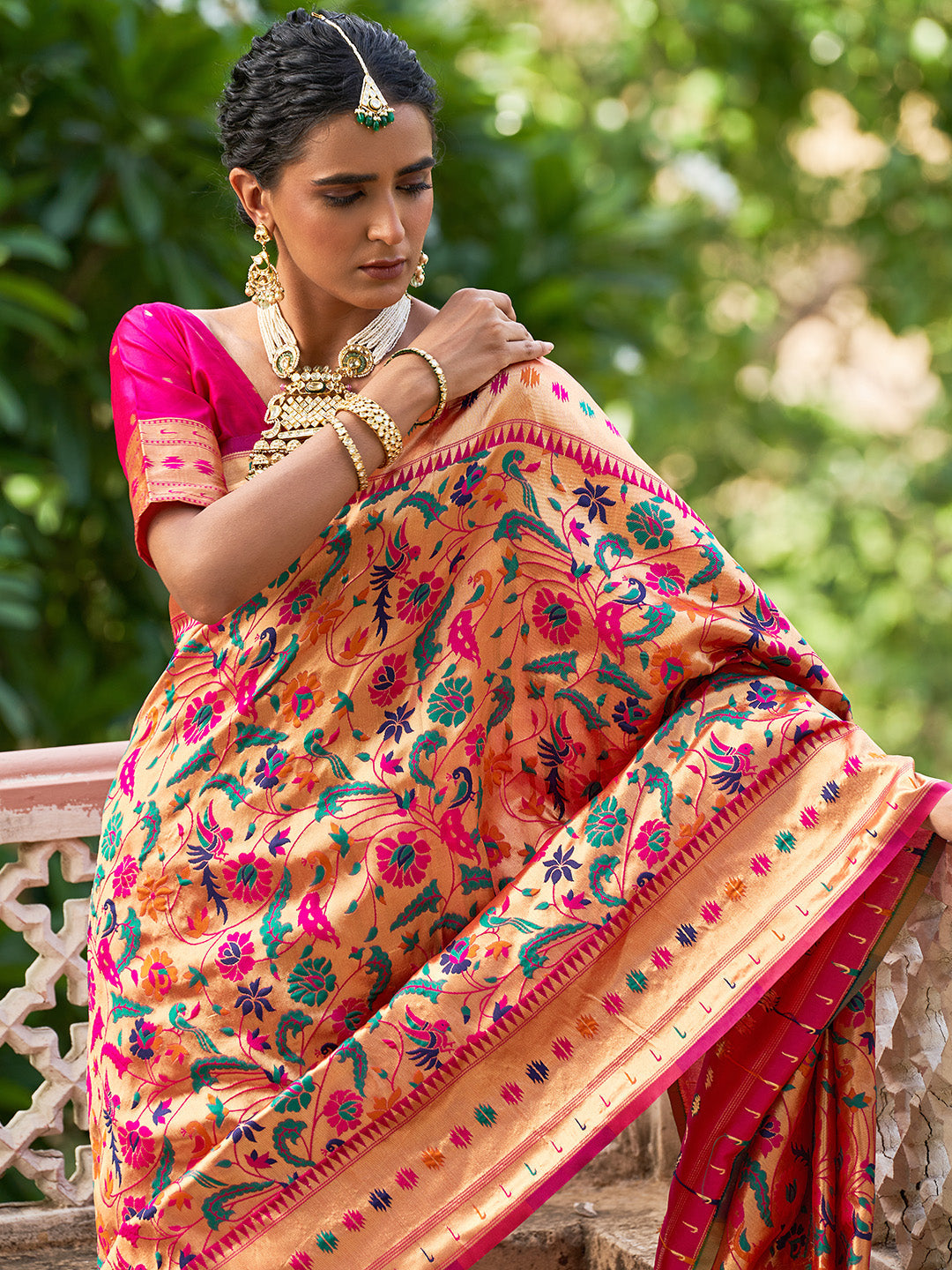 Janasya Pink Paithani Silk Woven Bagh Design Paithani Silk Saree