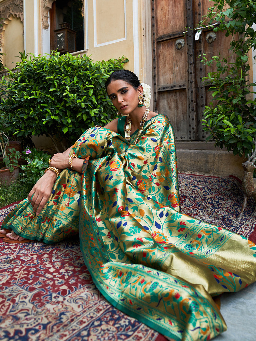 Janasya Green Paithani Silk Woven Bagh Design Paithani Silk Saree
