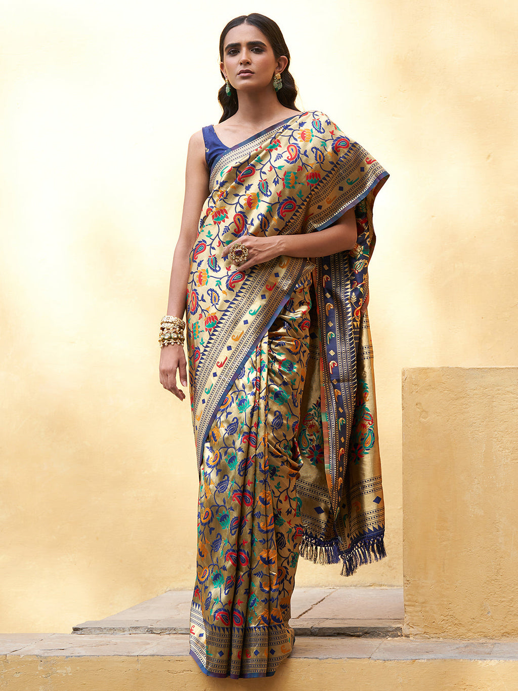 Janasya Golden Paithani Silk Woven Floral Design Paithani Silk Saree
