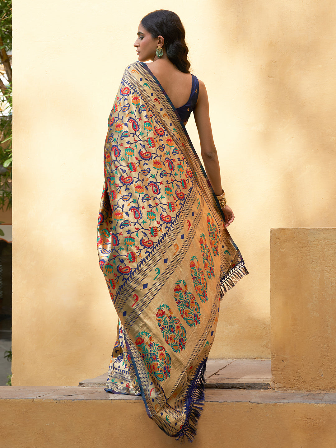 Janasya Golden Paithani Silk Woven Floral Design Paithani Silk Saree