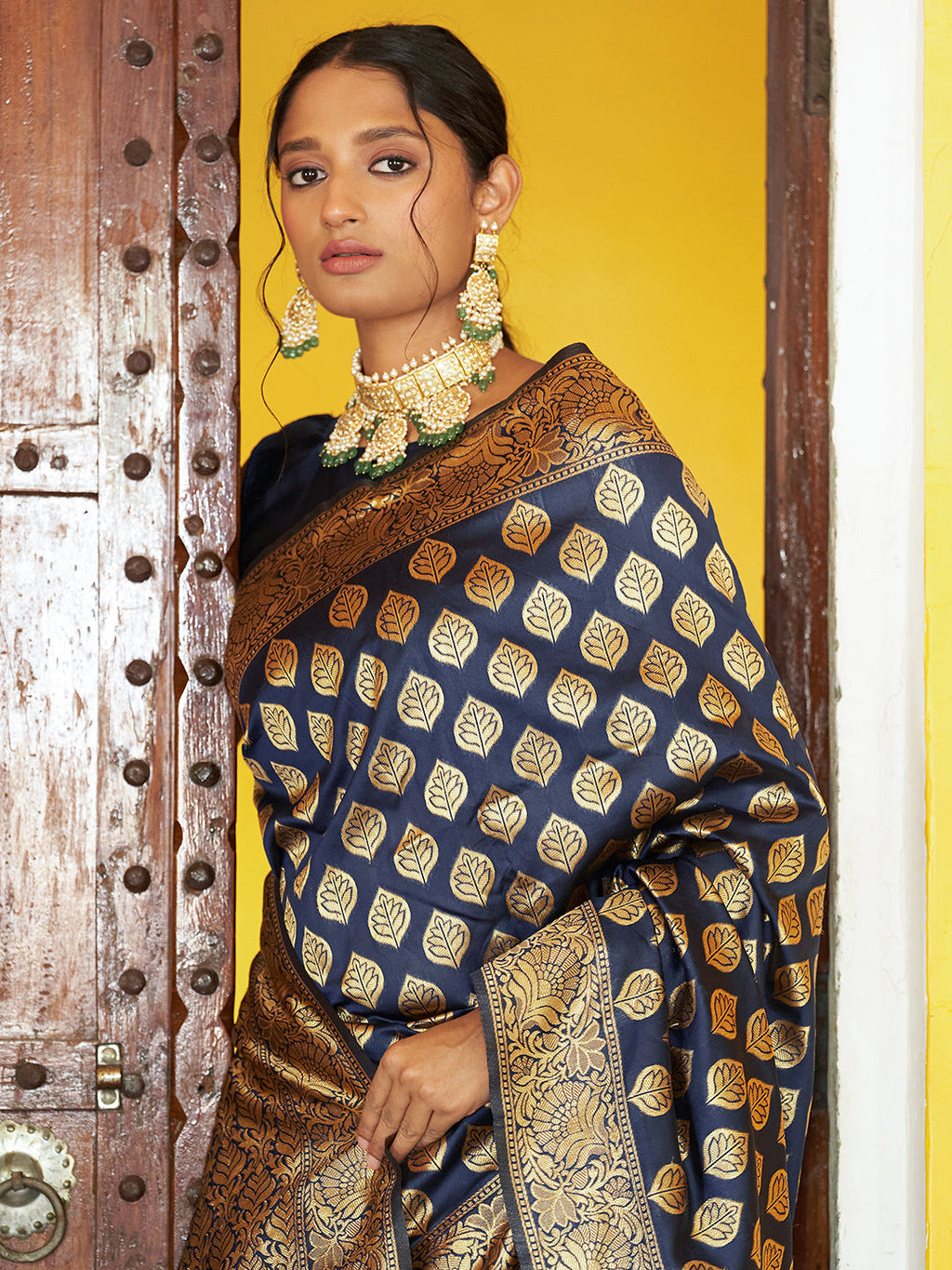 Janasya Navy Blue Banarasi Silk Woven Ethnic Motifs Banarasi Silk Saree - Distacart