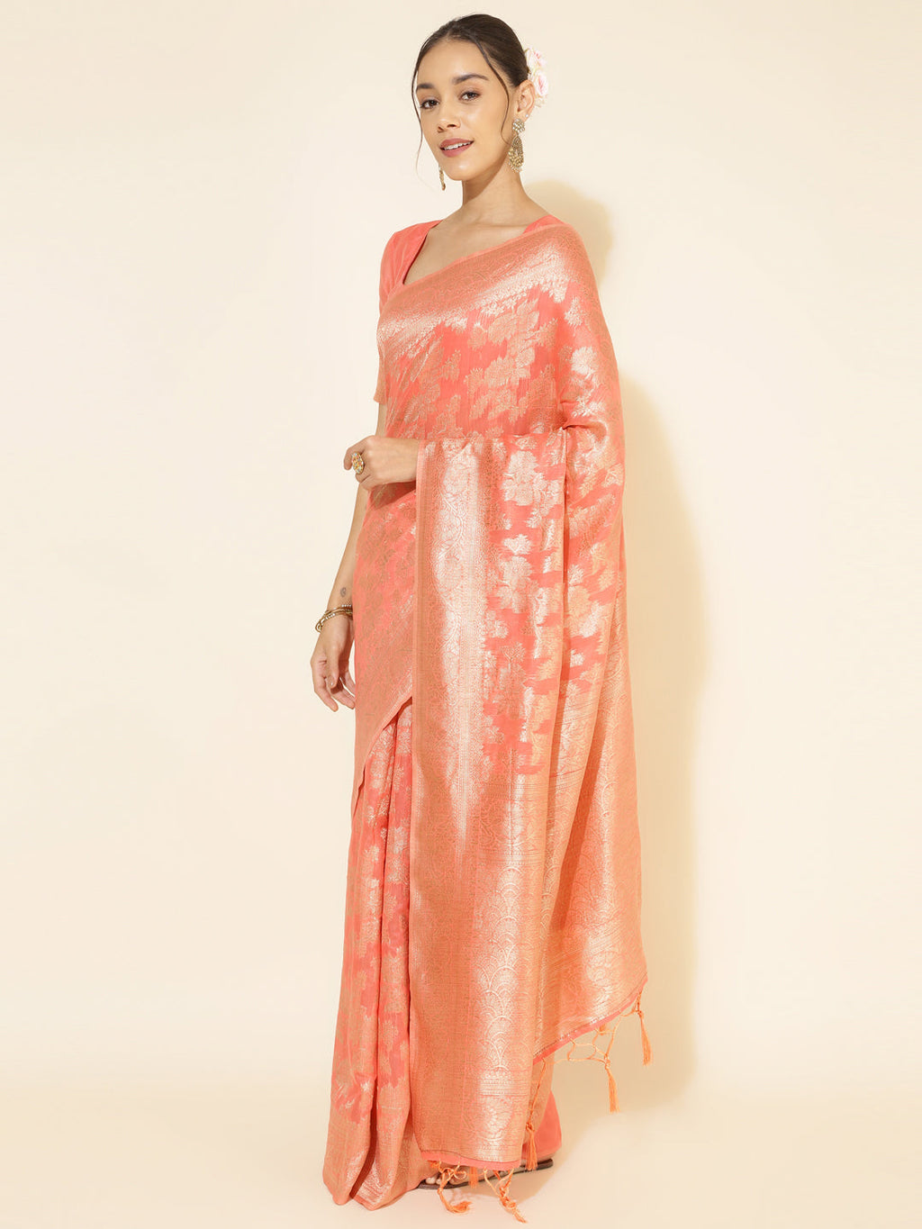 Janasya Peach Chanderi Silk Floral Woven Design Saree - Distacart
