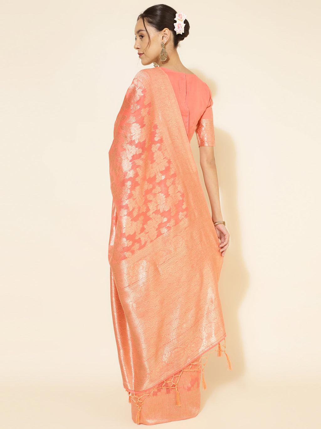 Janasya Peach Chanderi Silk Floral Woven Design Saree - Distacart