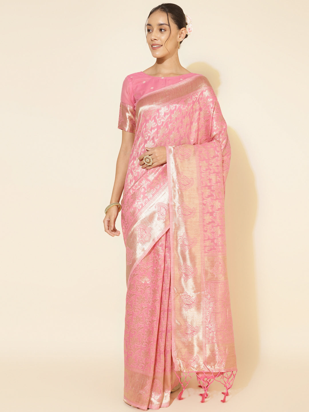 Janasya Light Pink Chanderi Silk Floral Woven Design Saree - Distacart